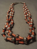 Early 1900's Vintage Navajo Hogan Bead Natural Coral Native American Jewelry Silver Necklace Old-Nativo Arts