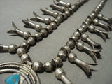 Early 1900's Vintage Navajo Pilot Mntn Turquoise Native American Jewelry Silver Squash Blossom Necklace-Nativo Arts
