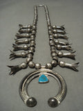 Early 1900's Vintage Navajo Pilot Mntn Turquoise Native American Jewelry Silver Squash Blossom Necklace-Nativo Arts