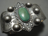 Early 1900's Vintage Navajo Repouse Sterling Native American Jewelry Silver Cerrillos Turquoise Bracelet-Nativo Arts