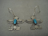 Early 1900's Vintage Navajo Turquoise Thunderbird Native American Jewelry Silver Earrings-Nativo Arts