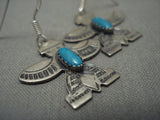 Early 1900's Vintage Navajo Turquoise Thunderbird Native American Jewelry Silver Earrings-Nativo Arts