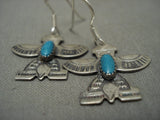 Early 1900's Vintage Navajo Turquoise Thunderbird Native American Jewelry Silver Earrings-Nativo Arts