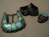 Early 1900's Vintage Zuni Cerrillos Turquoise Blue Gem Native American Jewelry Silver Buckle Set-Nativo Arts
