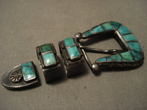 Early 1900's Vintage Zuni Cerrillos Turquoise Blue Gem Native American Jewelry Silver Buckle Set-Nativo Arts