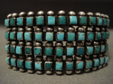 Early 1900's Vintage Zuni/ Navajo 'Squared Turquoise' Native American Jewelry Silver Bracelet-Nativo Arts