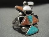 Early 1900's Vintage Zuni Turquoise Coral Native American Jewelry Silver Bird Ring Old-Nativo Arts