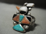 Early 1900's Vintage Zuni Turquoise Coral Native American Jewelry Silver Bird Ring Old-Nativo Arts