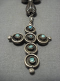Early Cross Sterling Silver Vintage Native American Navajo Turquoise Squash Blossom Necklace-Nativo Arts