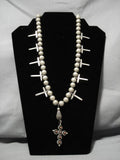 Early Cross Sterling Silver Vintage Native American Navajo Turquoise Squash Blossom Necklace-Nativo Arts