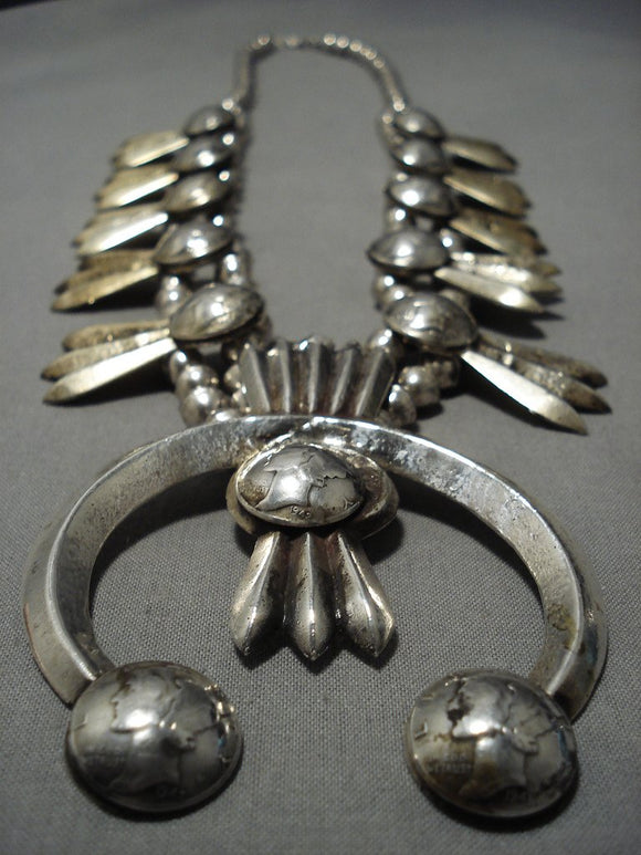 Early Heavy Vintage Native American Jewelry Navajo 246 Gram Sterling Silver Dime Squash Blossom Necklace-Nativo Arts