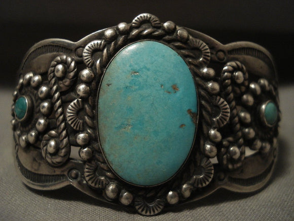 Early Vintage Navajo Natural Turquoise Native American Jewelry Silver Swirl Bracelet-Nativo Arts
