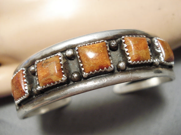 Rare Vintage Navajo Squared Coral Sterling Silver Native American Bracelet-Nativo Arts