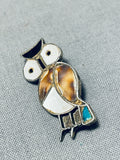 Spectacular Vintage Native American Zuni Turquoise Sterling Silver Owl Pin-Nativo Arts