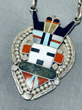Native American One Of The Most Unique Kachina Inlay Coral Sterling Silver Necklace-Nativo Arts