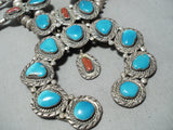 353 Gram Vintage Native American Navajo Turquoise Coral Sterling Silver Squash Blossom Necklace-Nativo Arts
