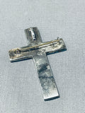 Glorious Vintage Native American Zuni Signed Turquoise Inlay Sterling Silver Cross Pin Pendant-Nativo Arts