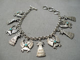 Detailed!! Vintage Native American Navajo Turquoise Sterling Silver Charm Link Bracelet-Nativo Arts
