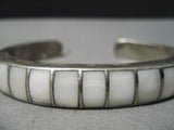 Impressive Vintage Native American Navajo Thick Pearl Sterling Silver Inlay Bracelet Old-Nativo Arts