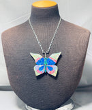 Spectacular Native American Navajo Synthetic Opals Sterling Silver Butterfly Necklace-Nativo Arts