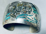 Wide Massive Intricate Vintage Native American Navajo Turquoise Sterling Silver Bracelet-Nativo Arts