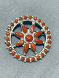 Coral Wagonwheel Vintage Native American Zuni Sterling Silver Pin Pendant-Nativo Arts