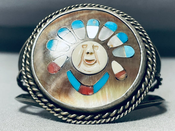 Happy Chief Vintage Native American Zuni Turquoise Sterling Silver Coral Inlay Bracelet-Nativo Arts