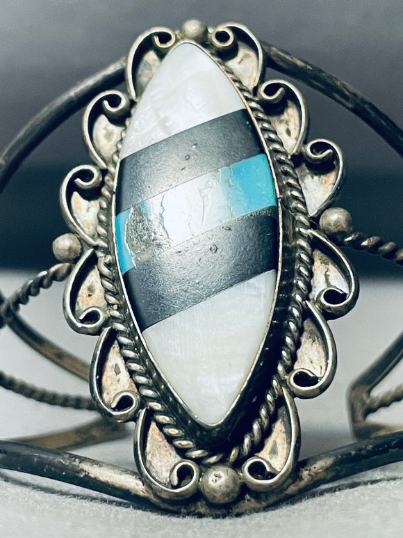 Native American Huge Rare Slanted Inlay Turquoise Vintage Navajo Sterling Silver Bracelet-Nativo Arts