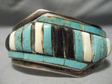 One Of The Best Vintage Native American Navajo Turquoise Sterling Silver Inlay Bracelet Old-Nativo Arts