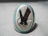 Native American Amazing Vintage Cochiti Inlay Turquoise Eagle Sterling Silver Ring Old-Nativo Arts