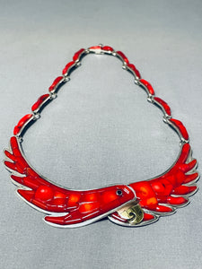 Native American Opulent Best Coral Parrot Mexican Sterling Silver Inlaid Necklace-Nativo Arts