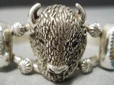 So Intricate!! Vintage Native American Navajo Sterling Silver Buffalo Turquoise Bracelet-Nativo Arts