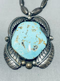 Rare Longer Vintage Native American Navajo #8 Turquoise Sterling Silver Leaf Necklace-Nativo Arts