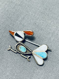 Whimsical Vintage Native American Zuni Turquoise Sterling Silver Roadrunner Pin-Nativo Arts