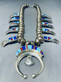 Native American 312 Gram Vintage Navajo Inlay Turquoise Sterling Silver Squash Blossom Necklace-Nativo Arts