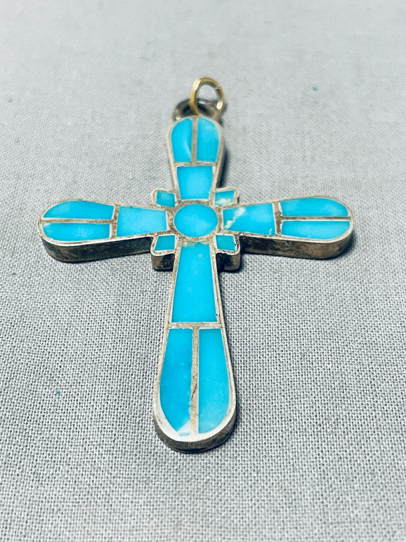 Sensational Vintage Native American Zuni Blue Gem Turquoise Sterling Silver Cross Pendant-Nativo Arts