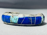 Hypnotic Native American Navajo Signed Inlay Spiderweb Turquoise Lapis Sterling Silver Bracelet-Nativo Arts