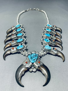 Native American Mind Boggling Authentic Bear Turquoise Sterling Silver Squash Blossom Necklace-Nativo Arts