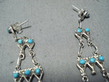 Signed Native American Navajo Turquoise Sterling Silver Chandelier Earrings-Nativo Arts