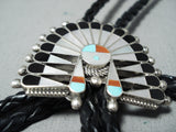 Spectacular Native American Zuni Inlay Coral Turquoise Jet Kachina Sterling Silver Bolo-Nativo Arts