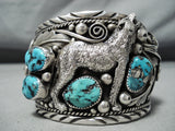 Huge Howling Coyote Vintage Native American Navajo Turquoise Sterling Silver Bracelet-Nativo Arts