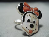 Whimsical Native American Zuni Coral Jet Mother Of Pearl Sterling Silver Minnie Mouse Ring-Nativo Arts