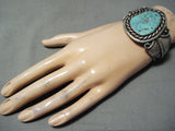 Signed Vintage Native American Navajo Old Morenci Turquoise Sterling Silver Leaf Bracelet-Nativo Arts