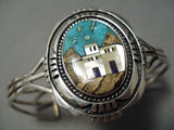 Rare!! Modern Native American Navajo Turquoise Inlay Pueblo Scene Sterling Silver Bracelet-Nativo Arts