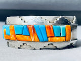 Pueblo Inlay Native American Navajo Turquoise Spiny Oyster Sterling Silver Geomtric Bracelet-Nativo Arts