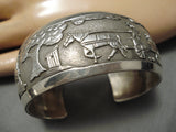 Native American Quality Detailed Vintage Navajo Hand Tooled Sterling Silver Horse Buggy Bracelet-Nativo Arts