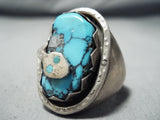 Biggest Heavy Vintage Native American Zuni Snake Turquoise Sterling Silver Men's Ring Old-Nativo Arts