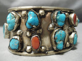 Huge Vintage Native American Navajo Blue Turquoise Coral Sterling Silver Bracelet-Nativo Arts