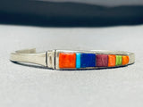 Detailed Vintage Native American Navajo Turquoise Inlay Lapis Sterling Silver Bracelet-Nativo Arts