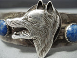 Heavy Detailed Vintage Native American Navajo Wolf Lapis Sterling Silver Bracelet-Nativo Arts